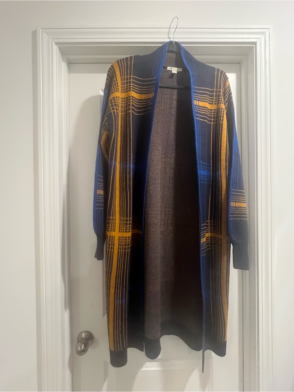 Open-Front Plaid Long Cardigan in Navy, Gold & Royal Blue